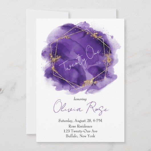 パープル金ゴールドジオメトリックシック21st誕生日パーティー 招待状 (正面)