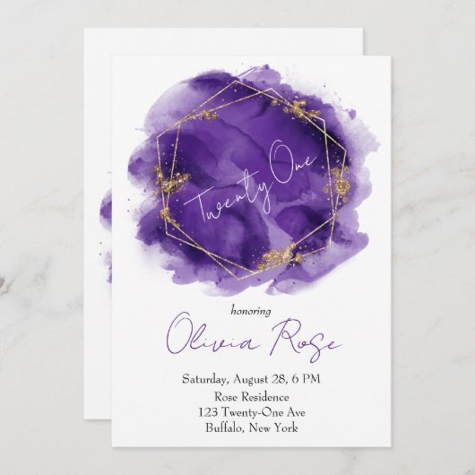 パープル金ゴールドジオメトリックシック21st誕生日パーティー 招待状 (正面/裏面)