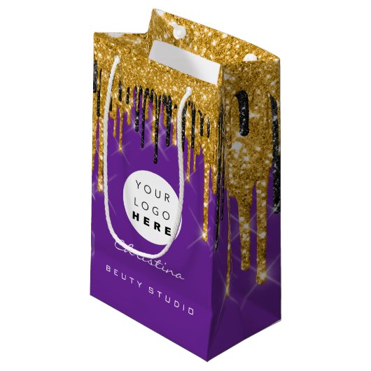パープル金ゴールドスウィート16ブライダル結婚ズ化粧品 スモールペーパーバッグ (正面アングル)