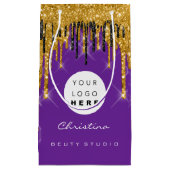 パープル金ゴールドスウィート16ブライダル結婚ズ化粧品 スモールペーパーバッグ (正面)