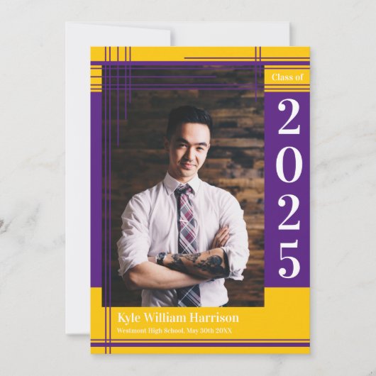 パープル金ゴールドスクールカラー卒業フォトプライド 招待状 (正面)