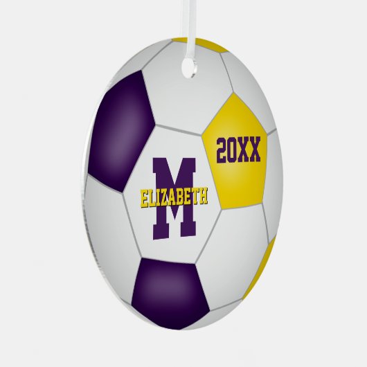 パープル金ゴールドスクールクラブカラー記念サッカー メタルオーナメント (正面右)