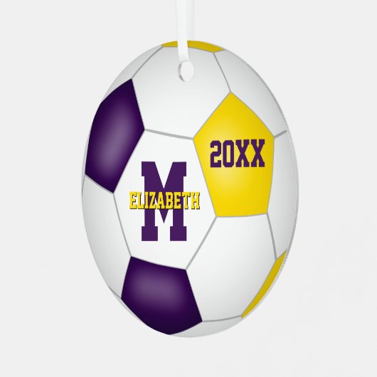 パープル金ゴールドスクールクラブカラー記念サッカー メタルオーナメント (正面左)