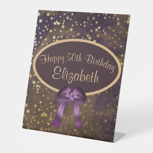 パープル金ゴールドスターダスト50誕生日ペデスタルサイン 台座サイン (正面)