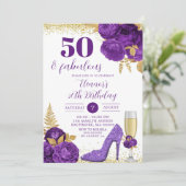 パープル金ゴールドスティレットシャンパンアダルト誕生日 招待状 (スタンド正面)