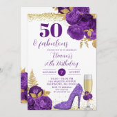 パープル金ゴールドスティレットシャンパンアダルト誕生日 招待状 (正面/裏面)