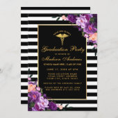 パープル金ゴールドストライプの医学卒業招待状 招待状 (正面/裏面)