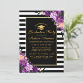 パープル金ゴールドストライプの卒業パーティー招待状 招待状 (スタンド正面)