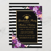 パープル金ゴールドストライプの卒業パーティー招待状 招待状 (正面/裏面)