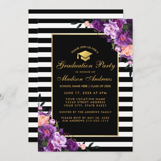 パープル金ゴールドストライプの卒業パーティー招待状 招待状 (正面/裏面)