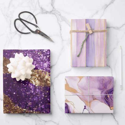 パープル金ゴールドスパークルガーリーグリッターストライプ誕生日 ラッピングペーパーシート (正面)