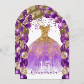 パープル金ゴールドスパークルドレスキンセアニラバルーンアーチ 招待状 (正面/裏面)