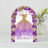 パープル金ゴールドスパークルドレスキンセアニラバルーンアーチ 招待状 (スタンド正面)