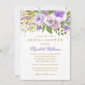 パープル金ゴールドスパークルフローラブライダルシャワー招待状 招待状 (正面)