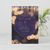 パープル金ゴールドスパークルライツミスティック婚約 招待状 (スタンド正面)