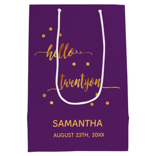 パープル金ゴールドタイポグラフィ21歳の誕生日 ミディアムペーパーバッグ (裏面)