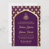 パープル金ゴールドダイアモンズアーチムスリム結婚ズ 招待状 (正面)