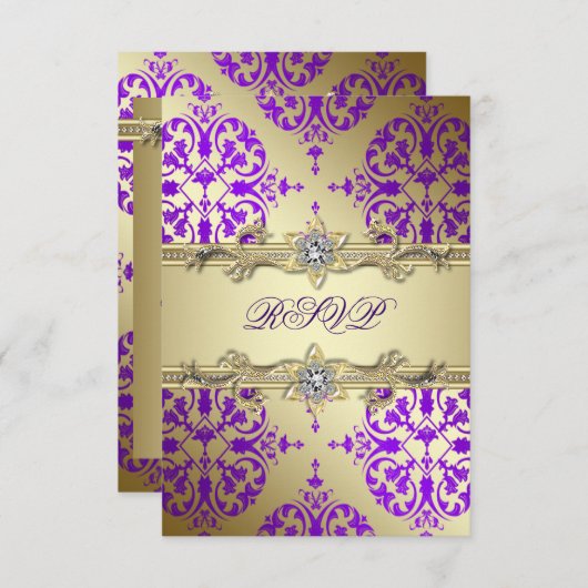 パープル金ゴールドダマスクパープルパーティー 出欠カード (正面/裏面)