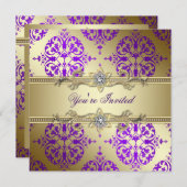 パープル金ゴールドダマスクパープルパーティー 招待状 (正面/裏面)