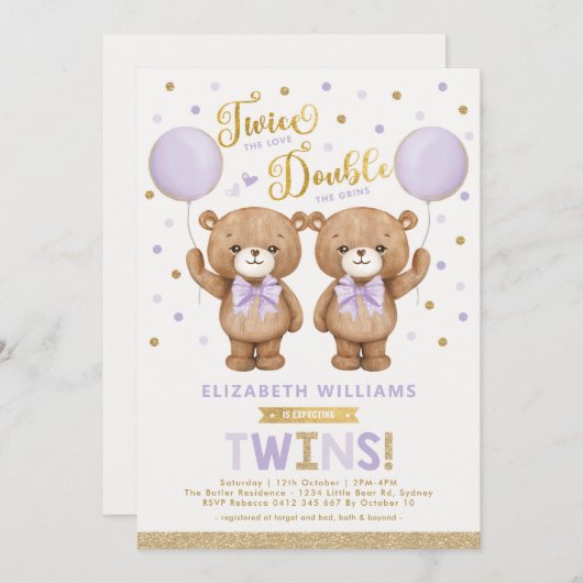 パープル金ゴールドテディベアバルーンツインベビーシャワー 招待状 (正面/裏面)