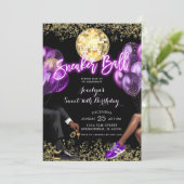 パープル金ゴールドディスコボールスニーカー誕生日パーティー 招待状 (スタンド正面)