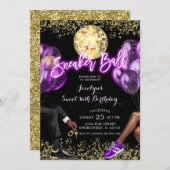 パープル金ゴールドディスコボールスニーカー誕生日パーティー 招待状 (正面/裏面)