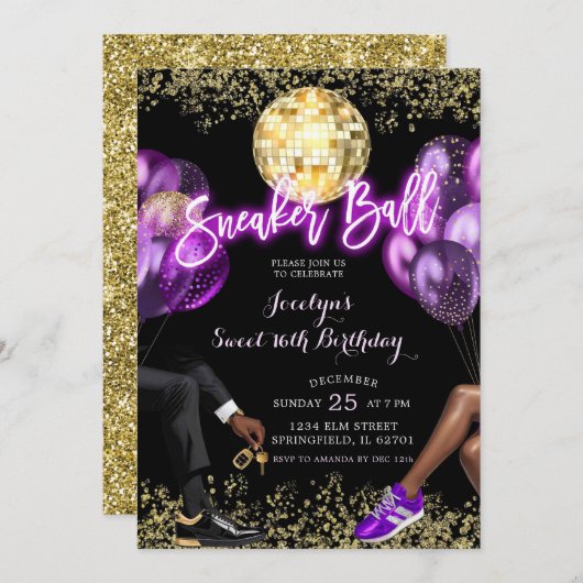 パープル金ゴールドディスコボールスニーカー誕生日パーティー 招待状 (正面/裏面)