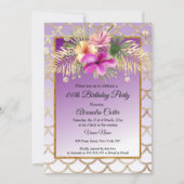 パープル金ゴールドハイビスカスフローラバースデーパーティー 招待状 (正面)