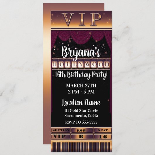 パープル金ゴールドハリウッドバースデーパーティーVIPチケット 招待状 (正面/裏面)