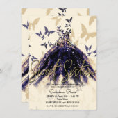 パープル金ゴールドバタフライダンスドレス甘い16パーティー 招待状 (正面/裏面)