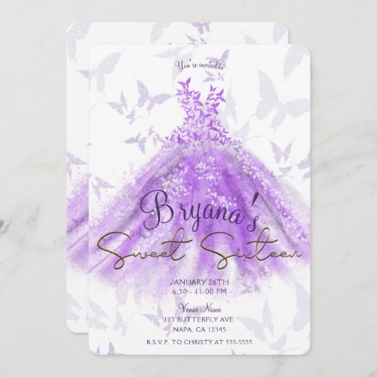 パープル金ゴールドバタフライダンスドレス甘い16パーティー 招待状 (正面/裏面)