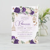 パープル金ゴールドバタフライフローラエレガントブライダルシャワー 招待状 (スタンド正面)