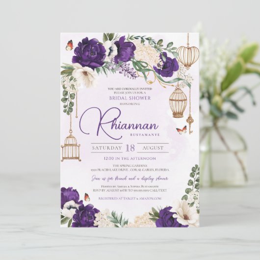 パープル金ゴールドバタフライフローラエレガントブライダルシャワー 招待状 (スタンド正面)