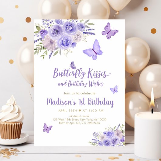 パープル金ゴールドバタフライフローラ誕生日 招待状