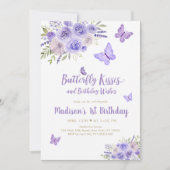 パープル金ゴールドバタフライフローラ誕生日 招待状 (正面)