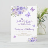 パープル金ゴールドバタフライフローラ誕生日 招待状 (スタンド正面)
