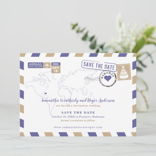 パープル金ゴールドバハマ航空便ウェディング日付を保存 セーブザデート (スタンド正面)
