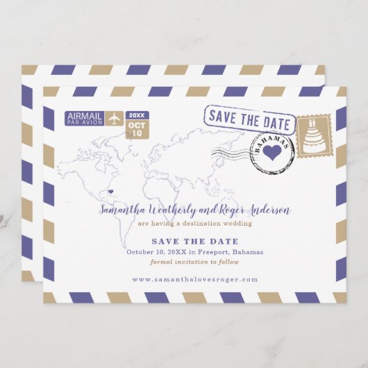 パープル金ゴールドバハマ航空便ウェディング日付を保存 セーブザデート (正面/裏面)