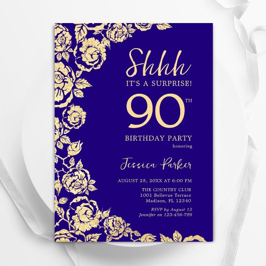 パープル金ゴールドバラサプライズ90誕生日 招待状