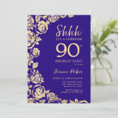 パープル金ゴールドバラサプライズ90誕生日 招待状 (スタンド正面)