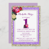 パープル金ゴールドバラフェイクグリッターファースト誕生日 招待状 (正面/裏面)