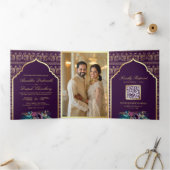 パープル金ゴールドピーコックパターンフローラ結婚インディアン 三つ折り招待状 (内部)