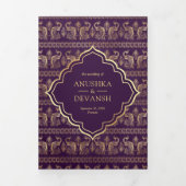 パープル金ゴールドピーコックパターンフローラ結婚インディアン 三つ折り招待状 (カバー)