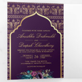 パープル金ゴールドピーコックパターンフローラ結婚インディアン 三つ折り招待状 (内部最初)