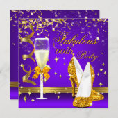 パープル金ゴールドファブルシャンパンヒール誕生日 招待状 (正面/裏面)