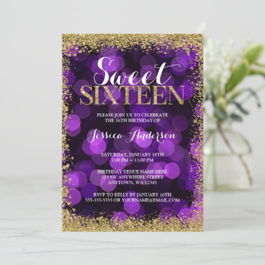 パープル金ゴールドフェイクグリッターライトスウィート16誕生日 招待状 (スタンド正面)