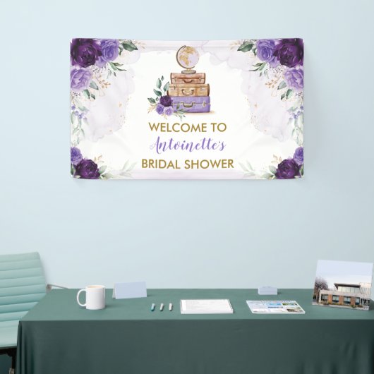 パープル金ゴールドフラワートラベルブライダルシャワーへようこそ 横断幕 (トレードショー)