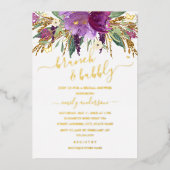 パープル金ゴールドフローラアメジストブライダルシャワー 箔招待状 (正面)