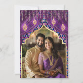 パープル金ゴールドフローラインディアンヒンドゥー結婚フォト 招待状 (裏面)