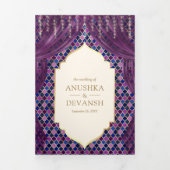 パープル金ゴールドフローラカーテンインディアンヒンドゥー結婚ズ 三つ折り招待状 (カバー)